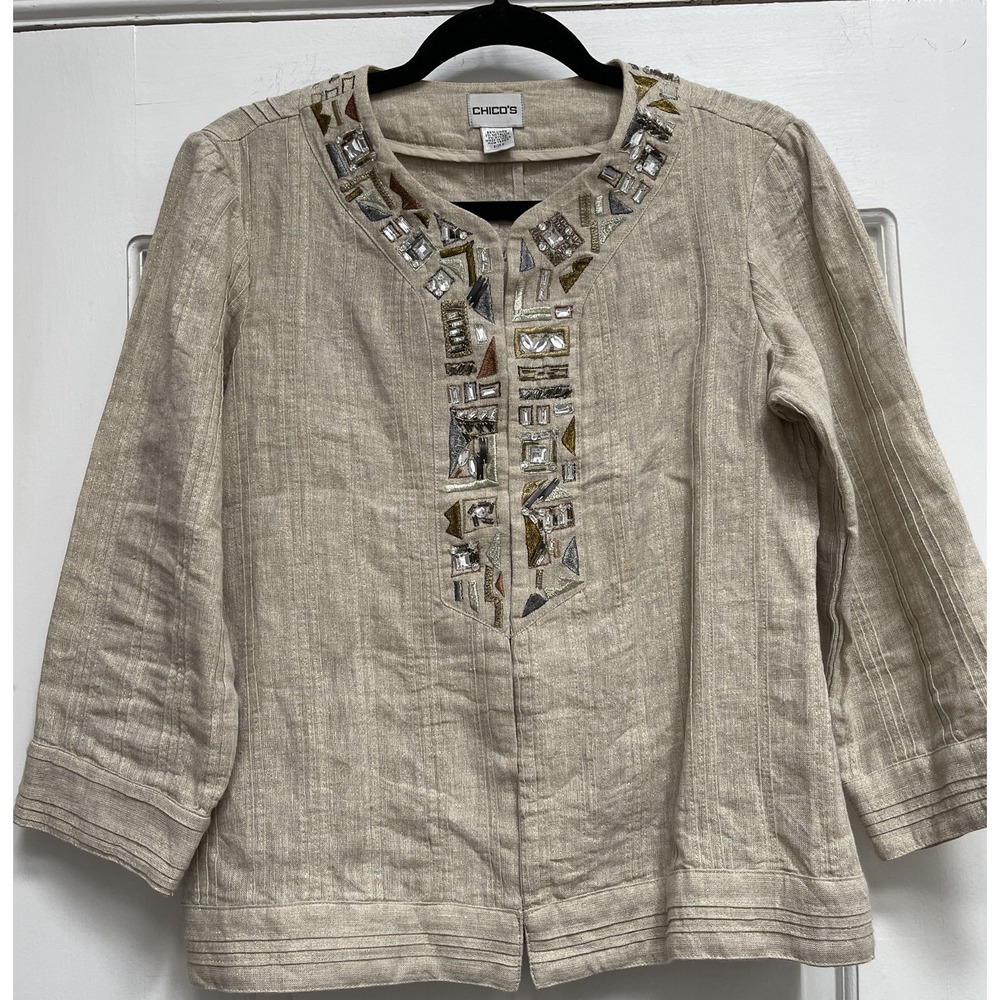 Chico's Linen Jeweled Jacket‎ Light Beige Linen Embellished Neckline Size 0